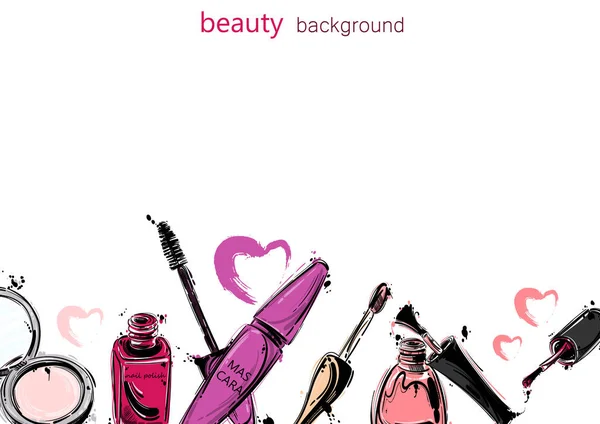 Vector abstract background with lip gloss, nail polish, mascara, — Stock Vector