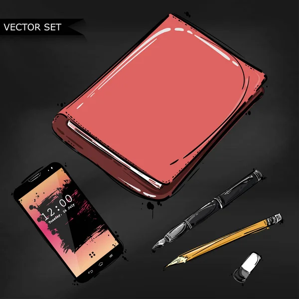 Vektorové ilustrace abstraktní zápisník, tužka, pero, hůl — Stockový vektor