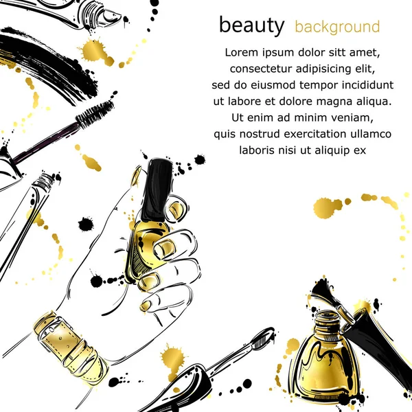 Vector abstract illustration with nail polish, mascara, lip glos — Stock Vector