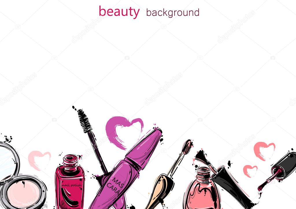 Vector abstract background with lip gloss, nail polish, mascara,