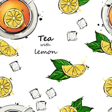Bir fincan çay ve limon dilimleri ile soyut illüstrasyon vektör.