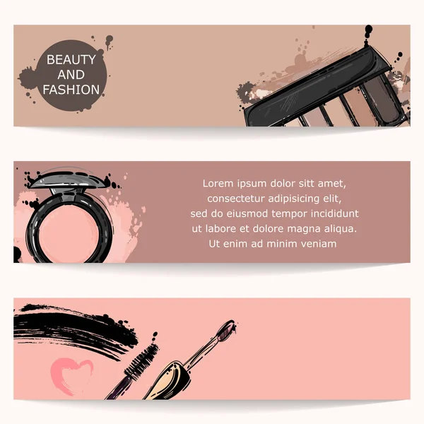 Vector abstract background with lip gloss, mascara, eye shadow. — Stock Vector