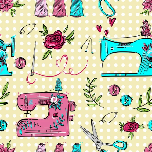 Vector Set Sewing Machine Needle Pin Button Scissors Flowers Hand — 스톡 벡터