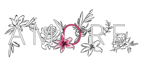 Ilustración Abstracta Vectorial Para Eslogan Amore Flores — Vector de stock
