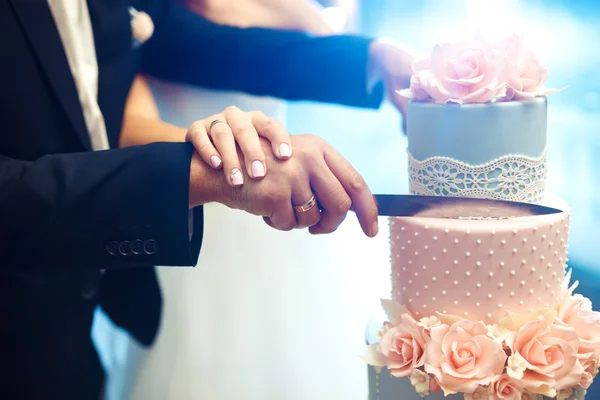 Uma noiva e um noivo estão cortando seu bolo de casamento — Fotografia de Stock