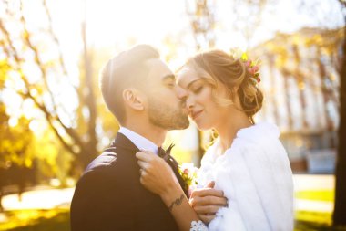 Gelin ve damat şefkatle uçan bir peçe güzel resimler gölgesinde öper. çocuklar keyfini çıkarın. Aşıkların seksi öpüşme şık çift portre kadar kapatın