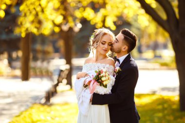 Gelin ve damat şefkatle uçan bir peçe güzel resimler gölgesinde öper. çocuklar keyfini çıkarın. Aşıkların seksi öpüşme şık çift portre kadar kapatın