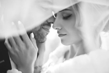 Gelin ve damat şefkatle uçan bir peçe güzel resimler gölgesinde öper. çocuklar keyfini çıkarın. Aşıkların seksi öpüşme şık çift portre kadar kapatın. siyah ve beyaz