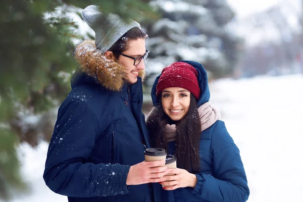 Winter Holidays Hot Drinks People Concept Happy Young Couple Coffee — Stock Photo, Image
