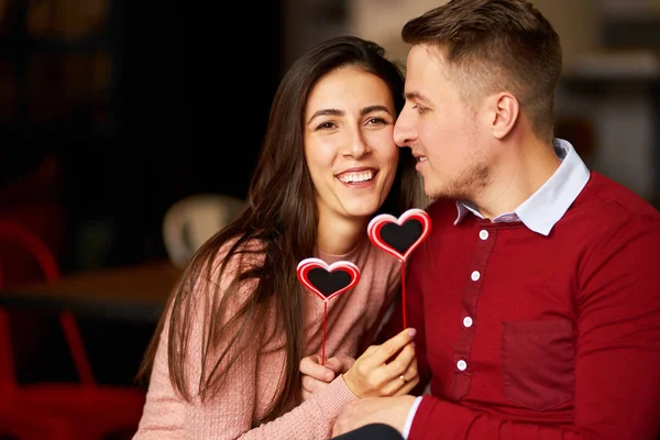 Valentinstag Konzept Glücklich Verliebtes Paar Ein Junges Liebespaar Das Restaurant — Stockfoto