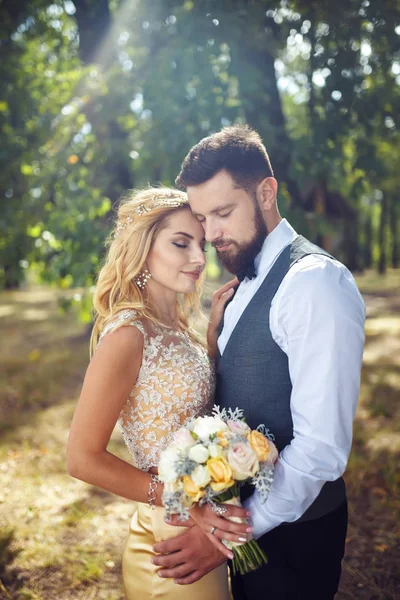 Casal Elegante Recém Casados Felizes Posando Parque Seu Dia Casamento — Fotografia de Stock