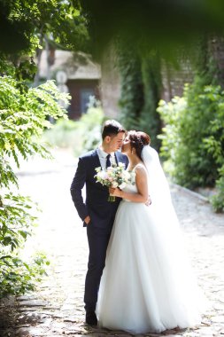 Gelin ve damat parkta birlikte yürürler. Beyaz elbiseli çekici gelin, damat koyu renkli şık bir takım elbise giyiyor. Güzel gelin ve şık damat. Düğün günü. Evlilik..