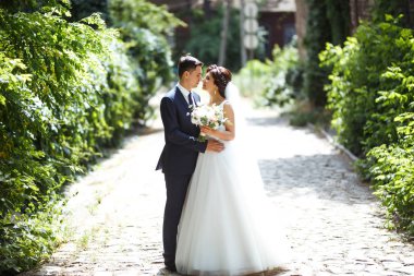 Gelin ve damat parkta birlikte yürürler. Beyaz elbiseli çekici gelin, damat koyu renkli şık bir takım elbise giyiyor. Güzel gelin ve şık damat. Düğün günü. Evlilik..