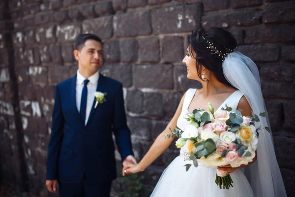 Gli Sposi Camminano Insieme Nel Parco Affascinante Sposa Abito Bianco — Foto Stock
