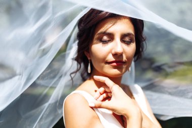 Duvağın altındaki gelinin güzel bir portresi. Profesyonel makyajlı ve saç stili olan zarif bir kadın. Bir duvağın altına gizlenmiş narin gelinlerin ellerinin fotoğrafı. Düğün günü. Evlilikten. Moda Gelini.