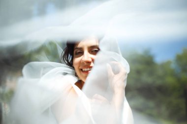 Duvağın altındaki gelinin güzel bir portresi. Profesyonel makyajlı ve saç stili olan zarif bir kadın. Bir duvağın altına gizlenmiş narin gelinlerin ellerinin fotoğrafı. Düğün günü. Evlilikten. Moda Gelini.