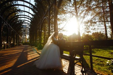 Gün batımında harika bir çift. Gelin ve damat bir buket çiçekle birlikte gün batımında yeşil tarlanın arka planına karşı ellerinde olacaklar. Romantik Evli Genç Aile. 