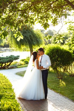 Gün batımında harika bir çift. Gelin ve damat bir buket çiçekle birlikte gün batımında yeşil tarlanın arka planına karşı ellerinde olacaklar. Romantik Evli Genç Aile. 