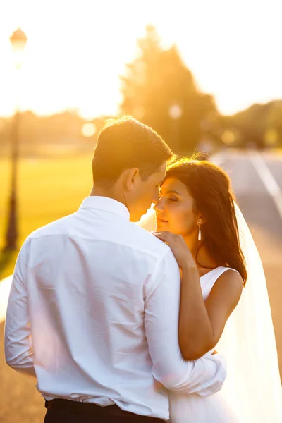 日没の素敵な結婚式のカップル 花束と結婚式の衣装を着た花嫁と新郎は 日没時の緑のフィールドの背景に手にあります ロマンチックな結婚した若い家族 — ストック写真