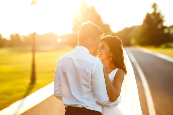 Schönes Hochzeitspaar Bei Sonnenuntergang Braut Und Bräutigam Brautkleid Mit Einem — Stockfoto