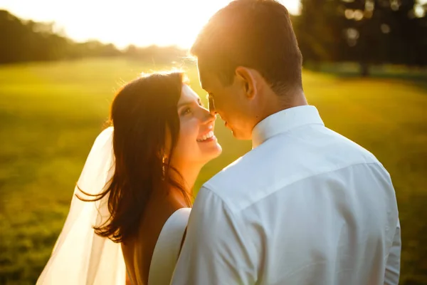 日落时的新婚夫妇真可爱 新娘和新郎穿着婚纱 捧着一束鲜花 在夕阳西下的绿地背景下手握双手 浪漫的已婚年轻家庭 — 图库照片