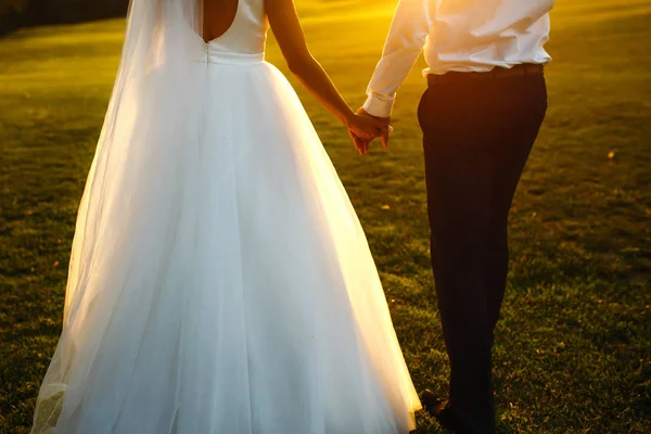 日没の素敵な結婚式のカップル 花束と結婚式の衣装を着た花嫁と新郎は 日没時の緑のフィールドの背景に手にあります ロマンチックな結婚した若い家族 — ストック写真