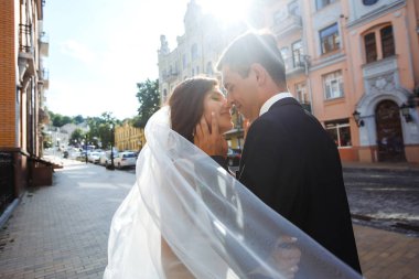 Gelin ve damat, uçan bir duvağın gölgesinde nazikçe öpüşürler. Siyah takım elbiseli şık bir damat uçan peçeli beyaz elbiseli güzel bir gelini nazikçe kucaklıyor. Birlikte. Düğün için. Aşk.