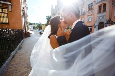 Gelin ve damat, uçan bir duvağın gölgesinde nazikçe öpüşürler. Siyah takım elbiseli şık bir damat uçan peçeli beyaz elbiseli güzel bir gelini nazikçe kucaklıyor. Birlikte. Düğün için. Aşk.