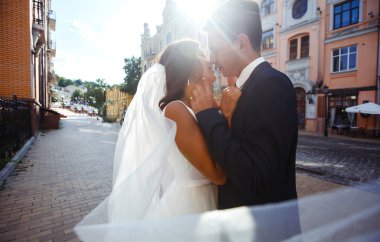 Gelin ve damat, uçan bir duvağın gölgesinde nazikçe öpüşürler. Siyah takım elbiseli şık bir damat uçan peçeli beyaz elbiseli güzel bir gelini nazikçe kucaklıyor. Birlikte. Düğün için. Aşk.