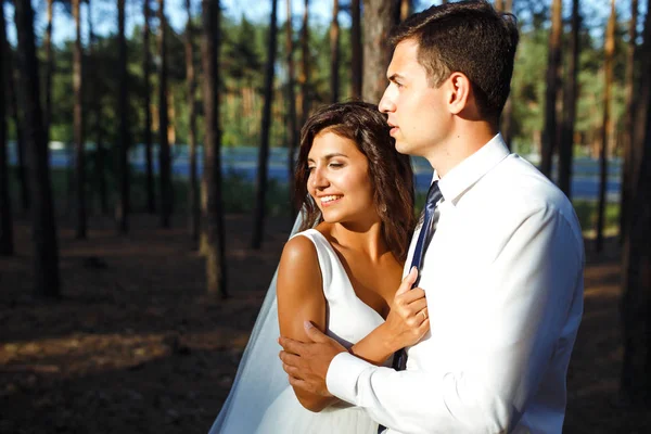 Casal Recém Casado Feliz Noiva Noivo Estão Andando Sobre Natureza — Fotografia de Stock