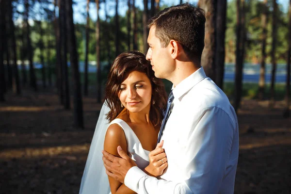 Casal Recém Casado Feliz Noiva Noivo Estão Andando Sobre Natureza — Fotografia de Stock