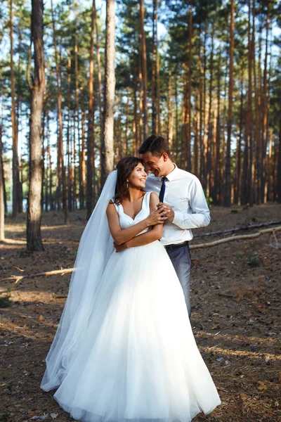 Šťastný Novomanželský Pár Nevěsty Ženicha Procházejí Přírodě Zeleném Lese Nevěsta — Stock fotografie