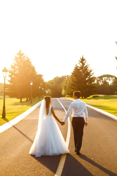 一对恋人携手并肩地走在路上迎接日落 一对新婚夫妇幸福地走在路上 从后面看 在一起 年轻的家庭 — 图库照片