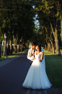 Genç bir çift romantik anların tadını çıkarıyor. Siyah takım elbiseli şık bir damat beyaz elbiseli güzel bir gelini nazikçe kucaklıyor. İlişki aşkı kavramı. Birlikte. Genç bir aile. Evlilik..  