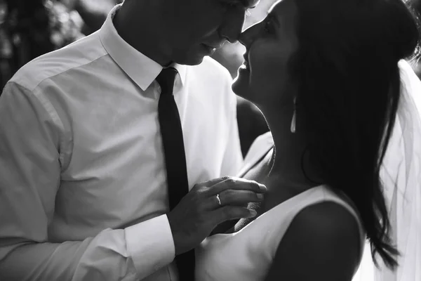 Foto Blanco Negro Alegres Recién Casados Emocionales Que Disfrutan Uno —  Fotos de Stock