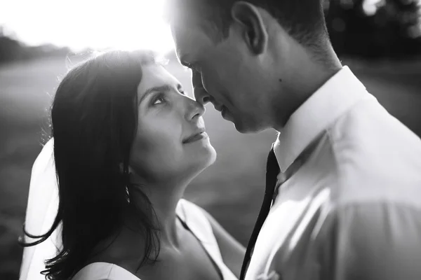 Black White Photo Cheerful Emotional Newlyweds Who Enjoy Each Other — ストック写真