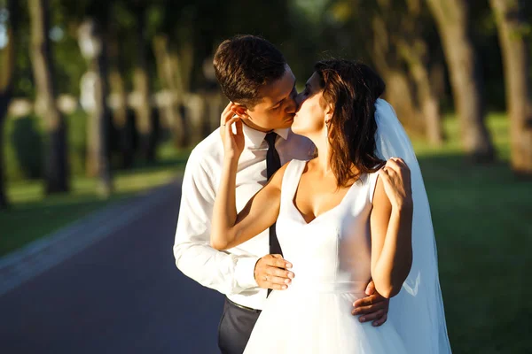 Young Wedding Couple Enjoying Romantic Moments Stylish Bridegroom Black Suit — Stock Photo, Image