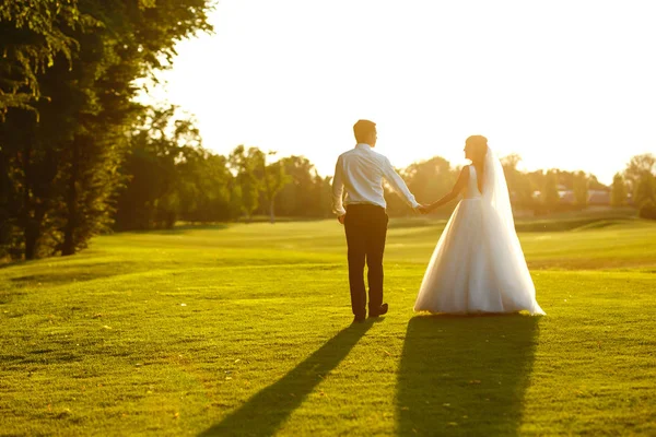 Glad Brud Och Brudgum Går Solnedgången Vackra Bröllopspar Vid Solnedgången — Stockfoto
