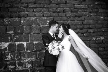 Birbirini seven neşeli, yeni evli çiftin siyah beyaz fotoğrafı. İnanılmaz gülümseyen bir düğün çifti. Güzel gelin ve şık damat. Romantik bir an. Birlikte. Düğün için. Evlilik..