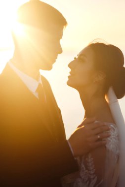 Güzel gelin ve şık damat gün batımında teknenin arka planına karşı köprüde yan yana. Yeni evliler gün batımında şefkatle sarılır, öpüşür ve eğlenirler. Düğün için. Sevgi. Romantik an. 