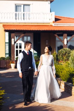 Yeni evliler şefkatle sarılır, öpüşür ve birbirlerinden hoşlanırlar. Aşıkların yürüyüşü. İnanılmaz gülümseyen bir düğün çifti. Güzel gelin ve şık damat. Romantik bir an. Sevgi. Birlikte. Düğün için. Evlilik..