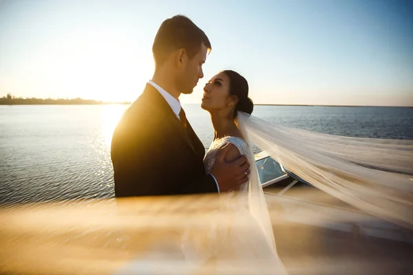 Pretty Bride Stylish Groom Together Bridge Background Boat Newlyweds Enjoy — Stock Photo, Image