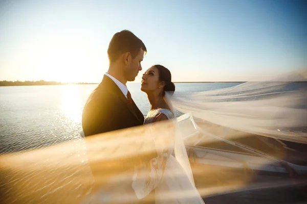 Güzel Gelin Şık Damat Köprünün Arkasında Teknenin Arka Planında Yan — Stok fotoğraf