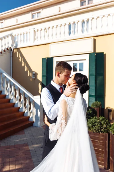Recém Casados Divertem Ternamente Sombra Véu Voador Noivo Elegante Terno — Fotografia de Stock