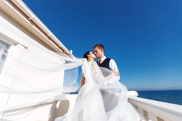 新婚夫妇在美丽的海景背景下 在飘扬的面纱的阴影下轻柔地享受着彼此 新娘和新郎在大海的背景上拥抱和亲吻 — 图库照片