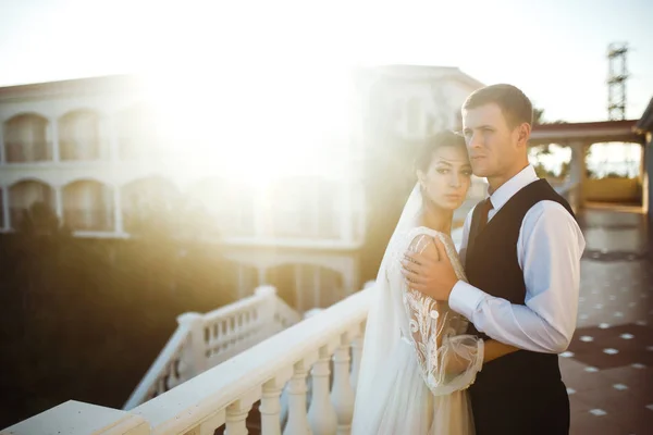 Stylish couple of happy newlyweds posing at sunset. The groom hugs and kisses the bride. Sexy kissing stylish couple of lovers at sunset. Lovers enjoy each other. Together. Wedding. Marriage.