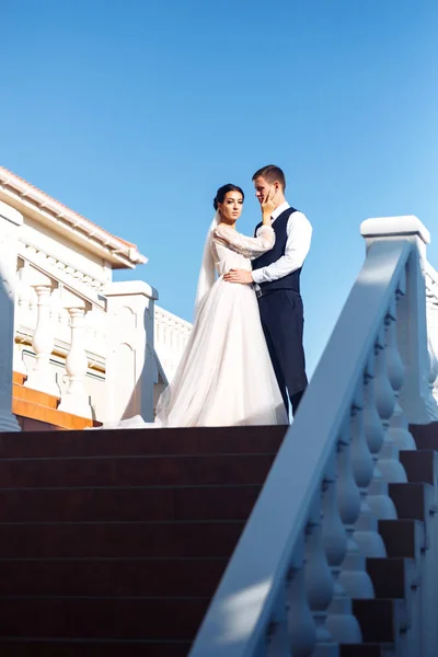 Noiva Noivo Nos Degraus Das Escadas Elegante Jovem Casal Elegante — Fotografia de Stock