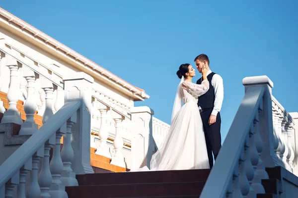 Noiva Noivo Nos Degraus Das Escadas Elegante Jovem Casal Elegante — Fotografia de Stock