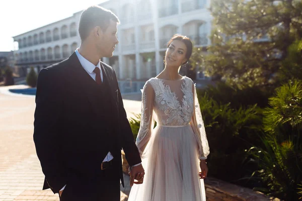 Recém Casados Abraçam Ternamente Beijam Divertem Caminhada Amantes Casal Casamento — Fotografia de Stock