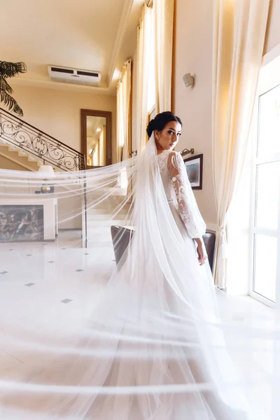 Belle Mariée Robe Mariée Mode Avec Long Voile Luxe Superbe — Photo